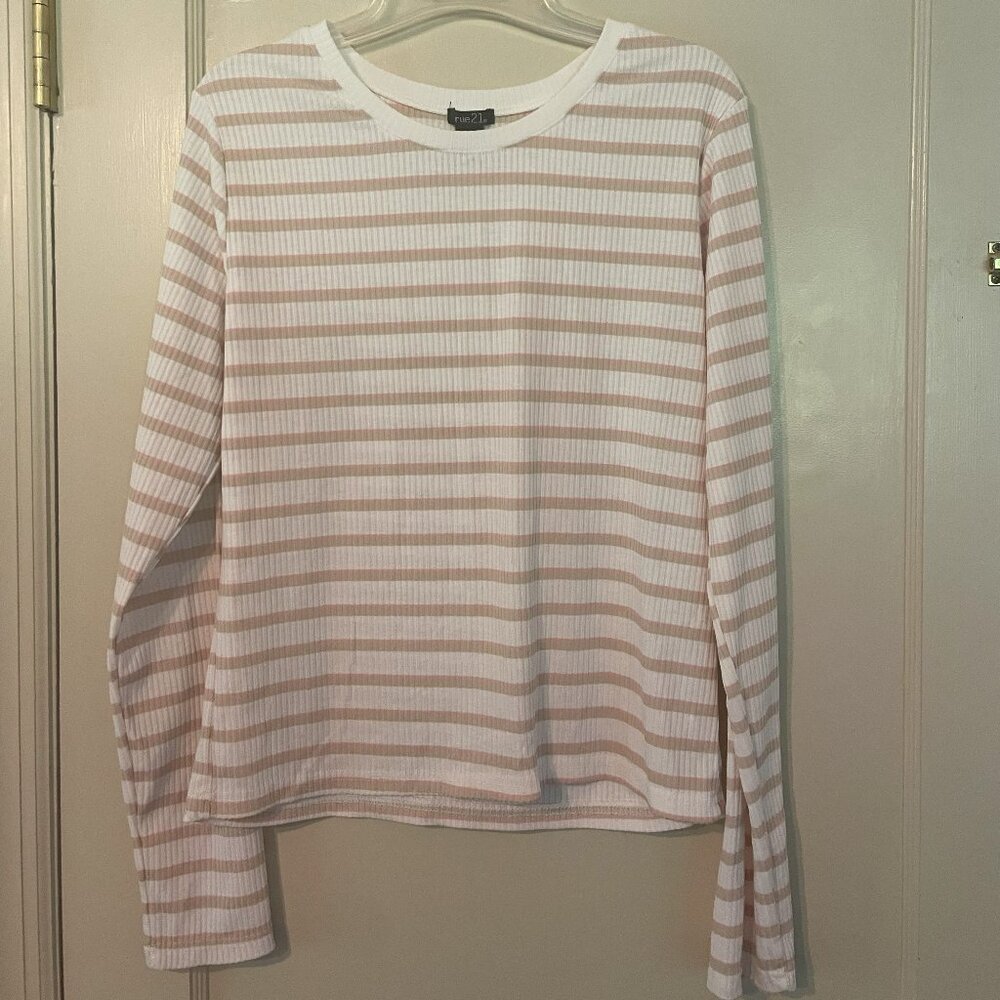 Rue21: Long Sleeve White, Tan & Pink Top